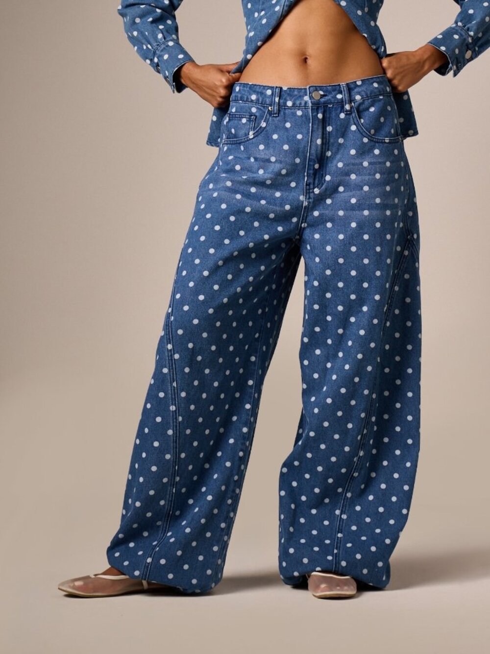 Blue Polka Dot Wide Leg Women's Barrel Mid Rise Full Length Denim jeans Pants
